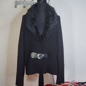 Dressbarn Black LS Acrylic Sweater w/Faux Acrylic Poly Removable Fur Collar XL